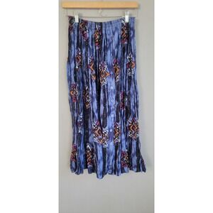Vtg Midi Skirt Medium Blue Southwestern Geometric Button Pleated Rodeo Festival
